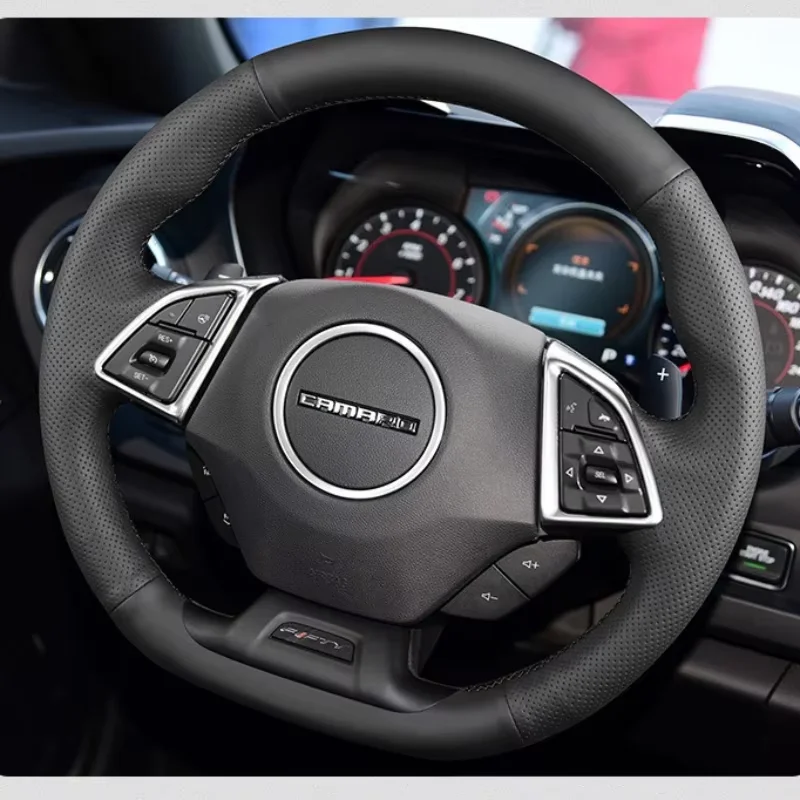 for Chevrolet Camaro 2016-2018 Hand-stitched Black Non-slip Genuine Leather Car Steering Wheel Cover