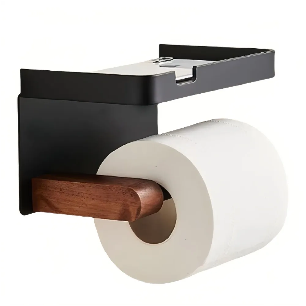 

Bathroom Organizer Toilet Paper Holder Shelf Space Saving Wall Mounted Tissue Holder Black Aluminum Wood Rack for Wipes Storage