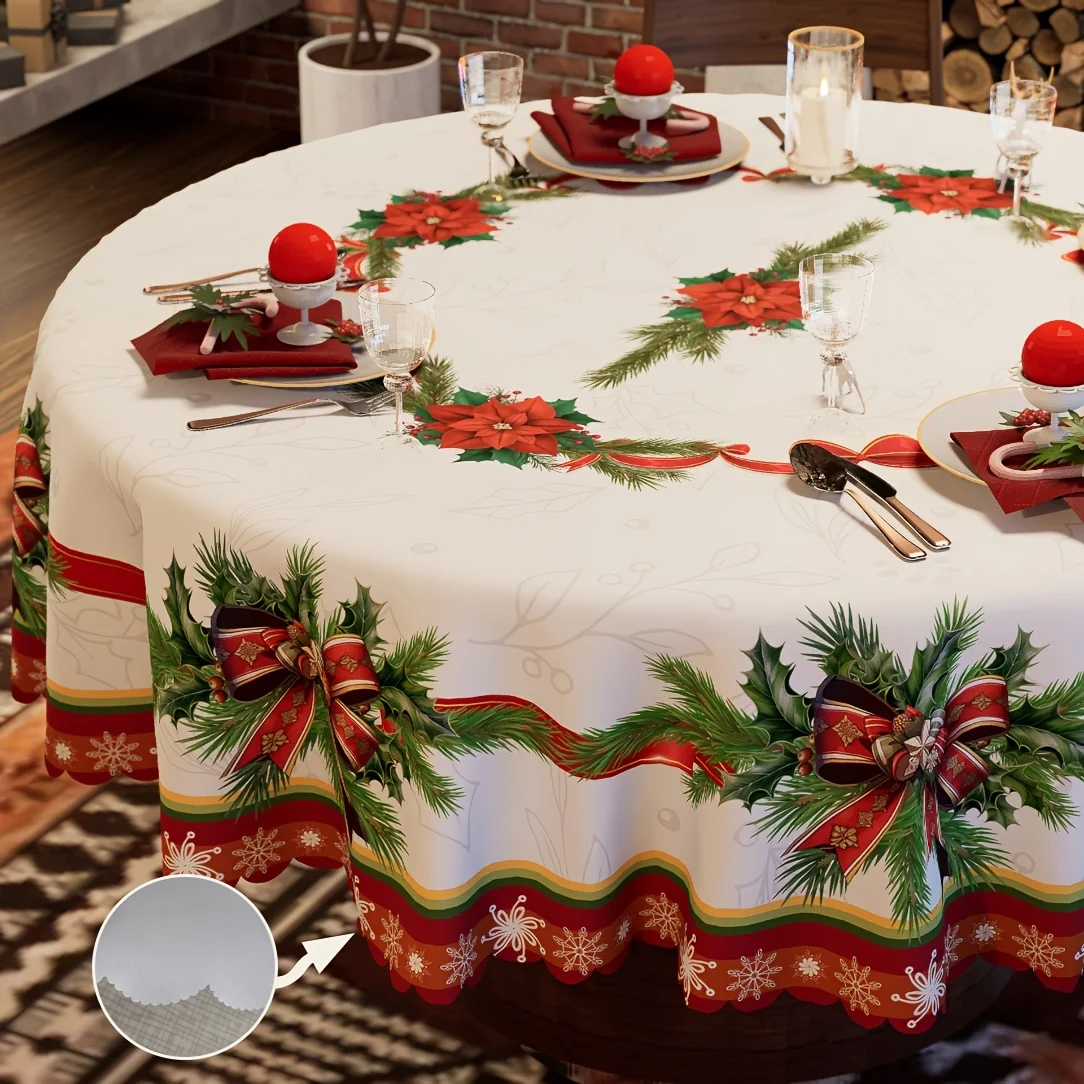 1PC Tablecover 2D Tablet Retro Red Ribbon Christmas Tablecloth, Poinsettia, Snowflake, Striped Element Design