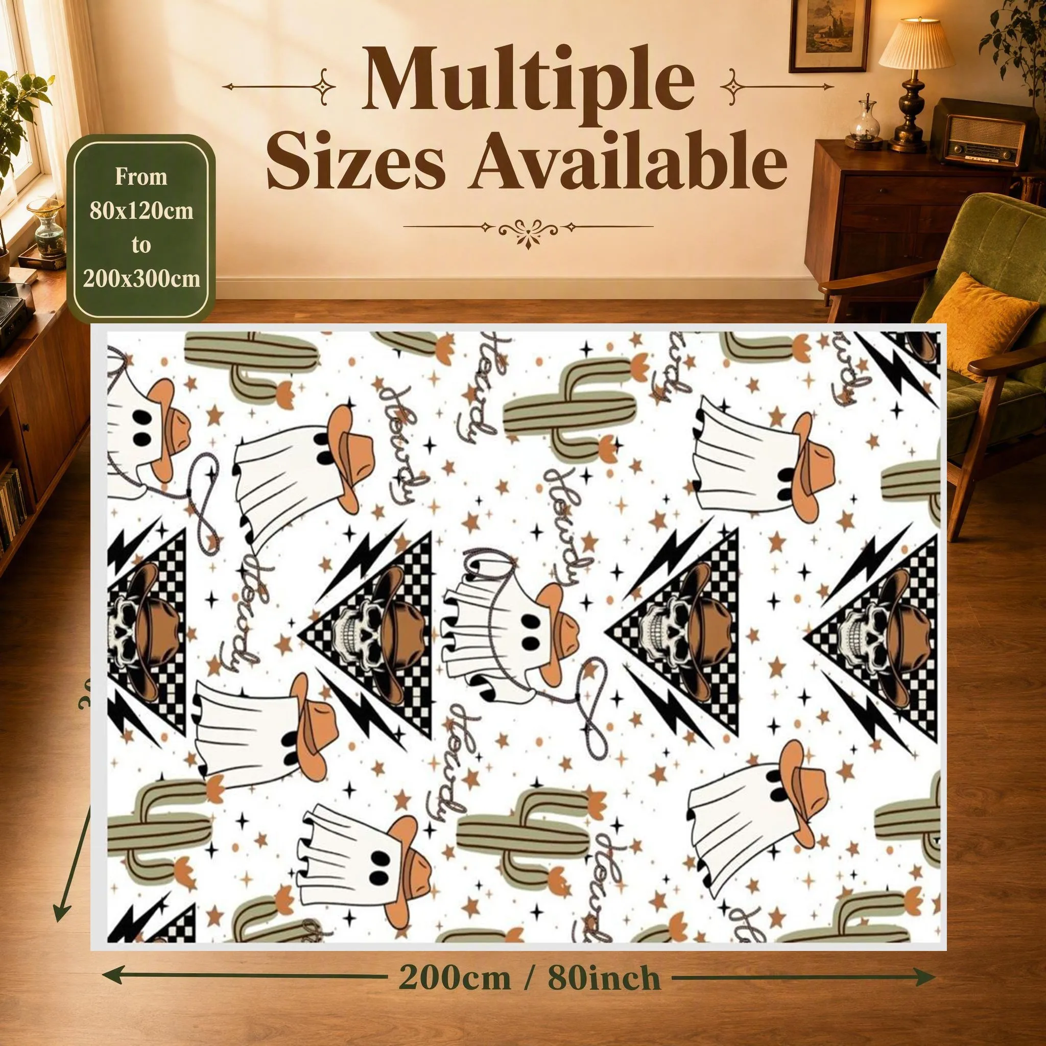 Quirky Cowboy Cactus Checkerboard Rug with Howdy Slogan American Halloween Velvet Rug for Entryway, Living Room, and Bedroom