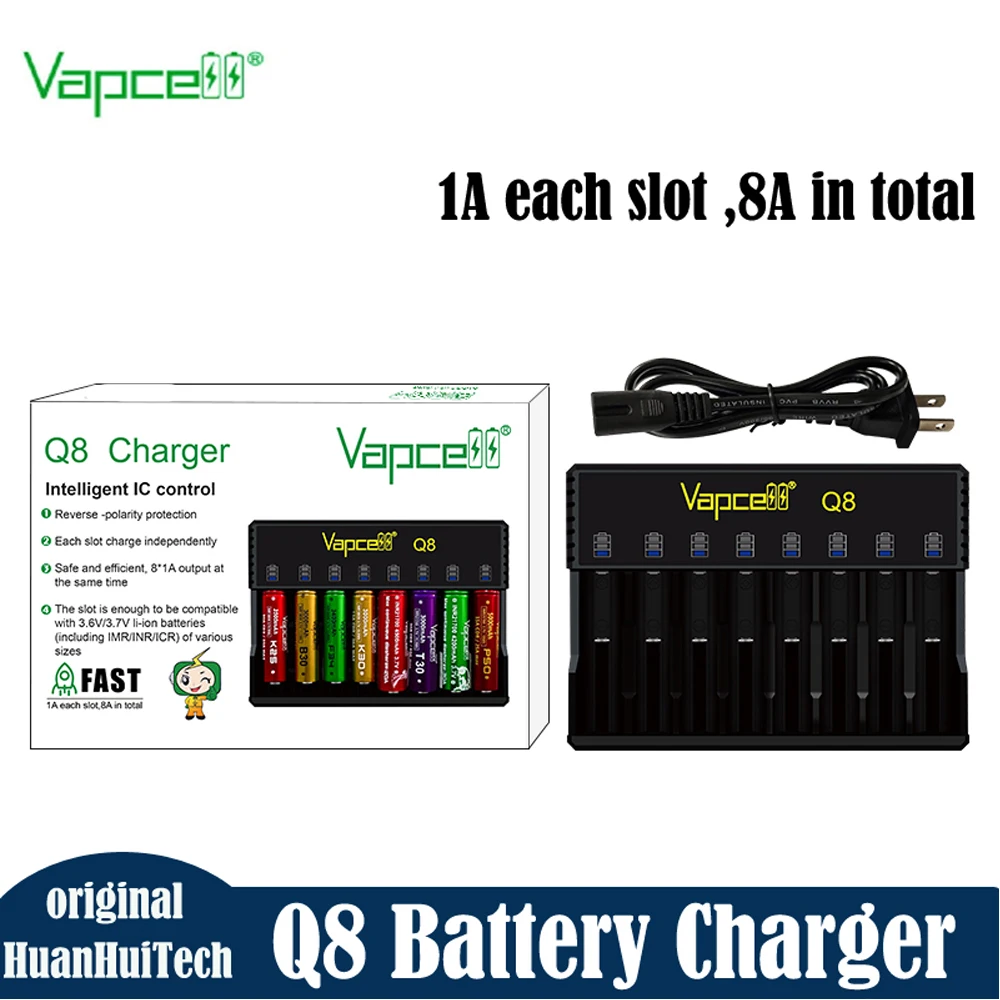 Original Vapcell Q8 Smart Lithium Battery Charger 8 Slot 8A Portable Rechargeable Charger For 18350/21700/20700/26650