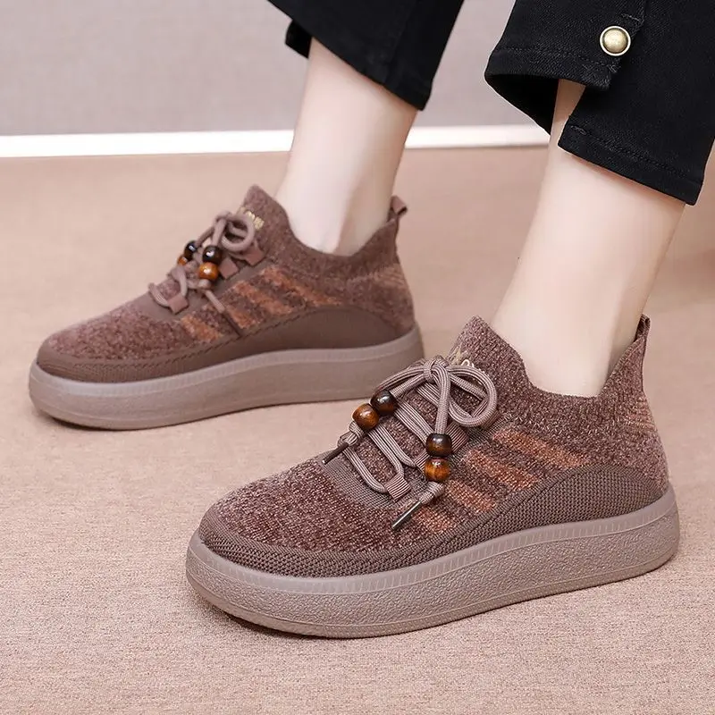 

Old Peking warm cotton sneakers designer mom striped lace up sport shoes ladies winter warm outdoor fur sneakers