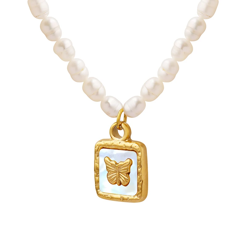 French fashion freshwater pearl chain stainless steel gold-plated butterfly color shell square pendant necklace