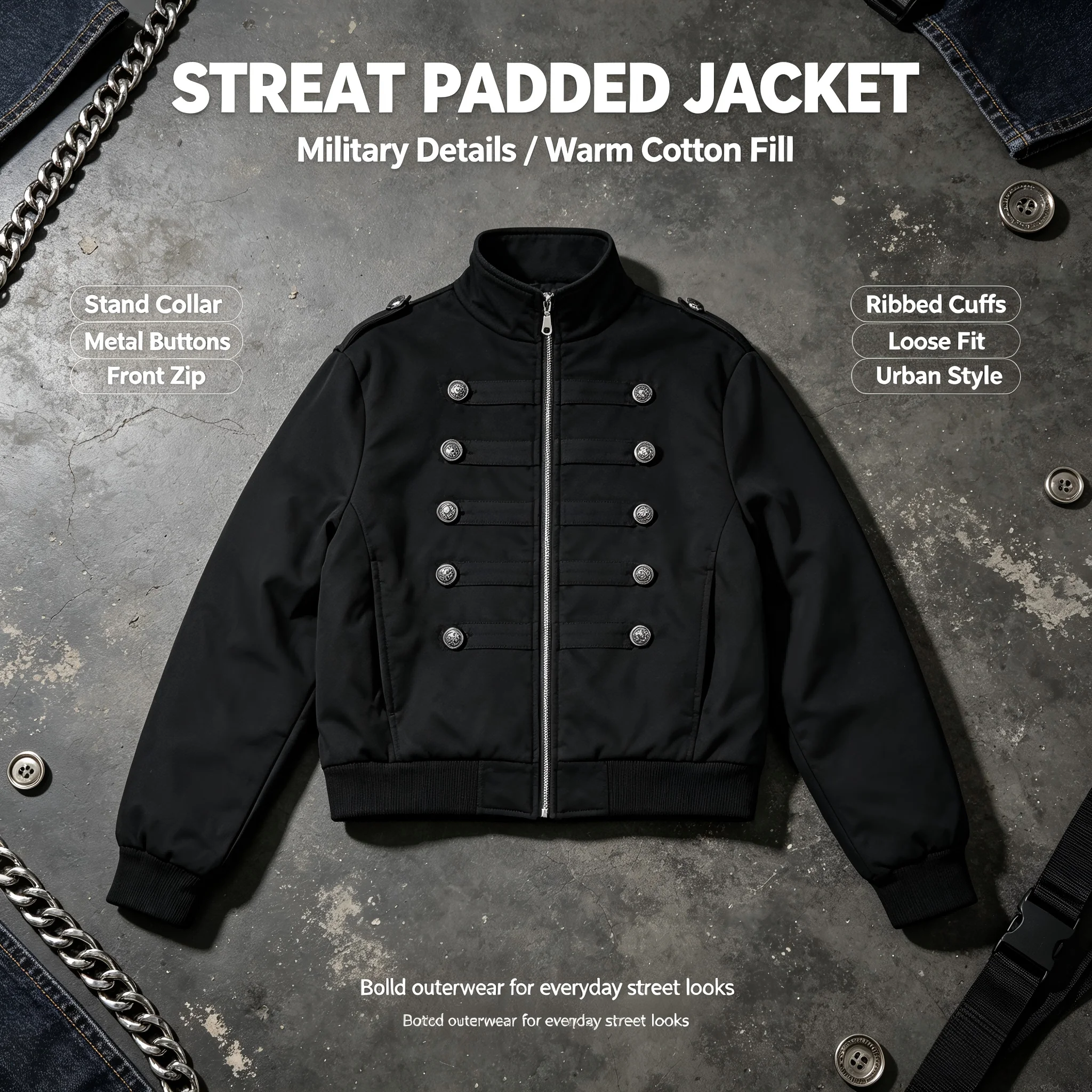 Harajuku Solid Color Denim Jacket for Men Double Breasted Button Embellished Cotton Zip Up Coat Casual Jackets Front Shoulders