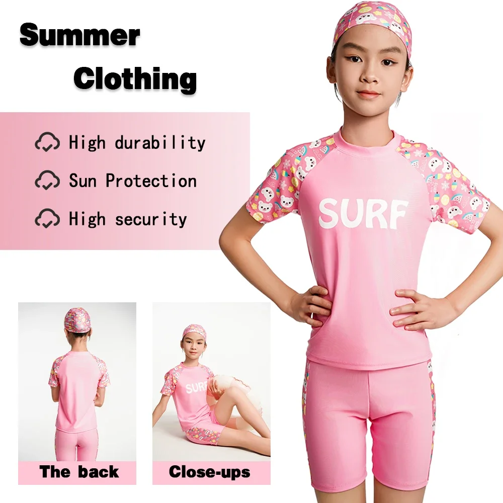 Children Girls Swimsuit Split Set Short Sleeve Cartoon Cute Bear Quick Drying 3 Pieces Beach Swimwear For Kids Age 5-16 Years