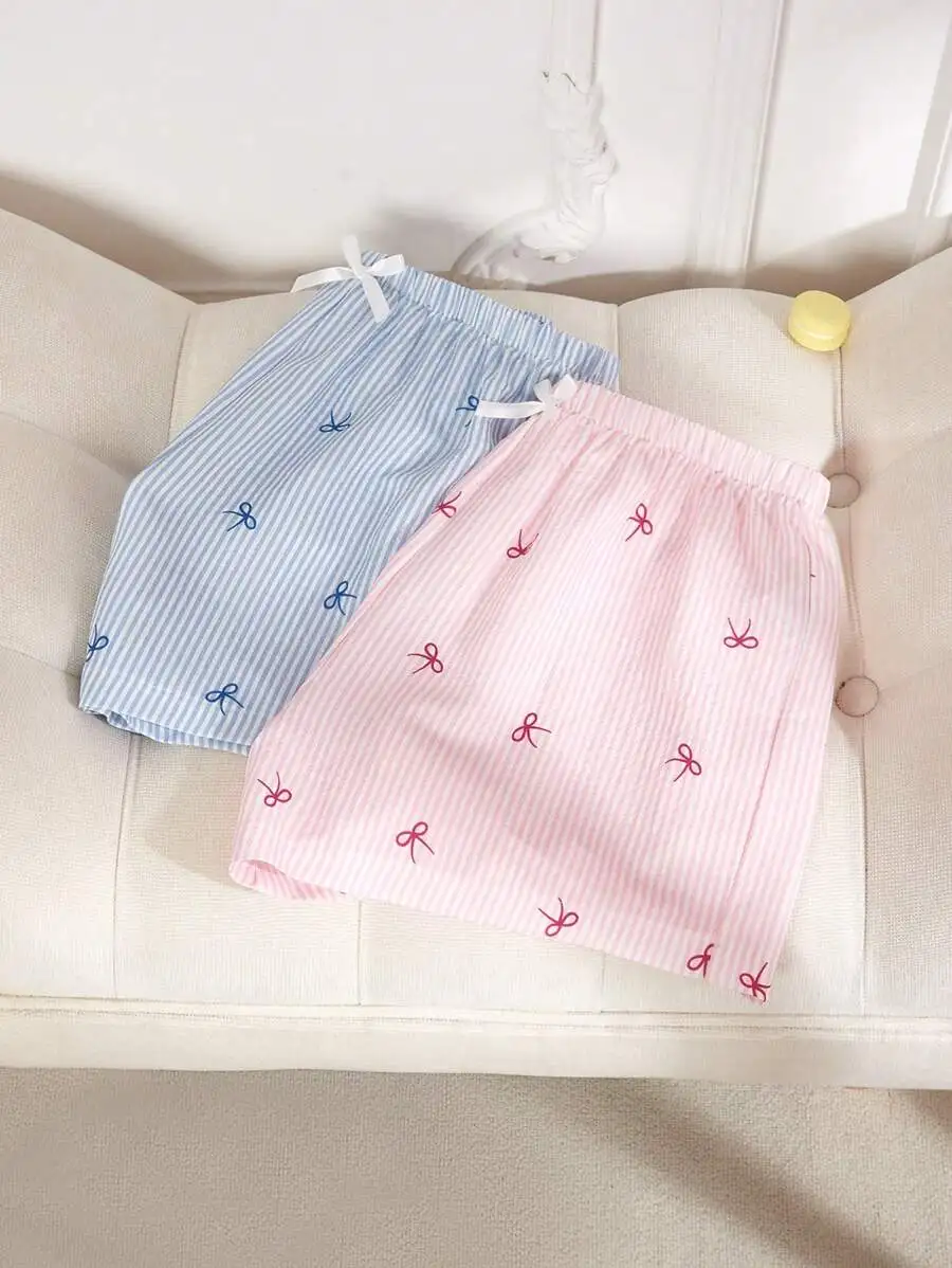 

2pcs Striped Sleep Shorts With Bow Print Women Pajama Bottoms Comfortable Lounge Wear