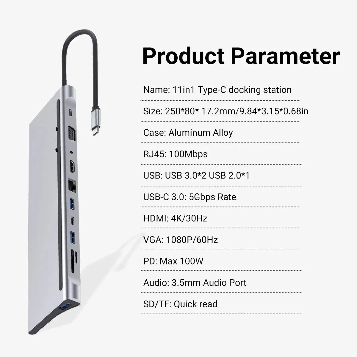 Laptop Docking Station 11-in-1 USB C Hub with HDTV+VGA+USB3.0/2.0+RJ45 100M+SD/TF+Audio 3.5+PD for  Pro/ Dell Iphone15