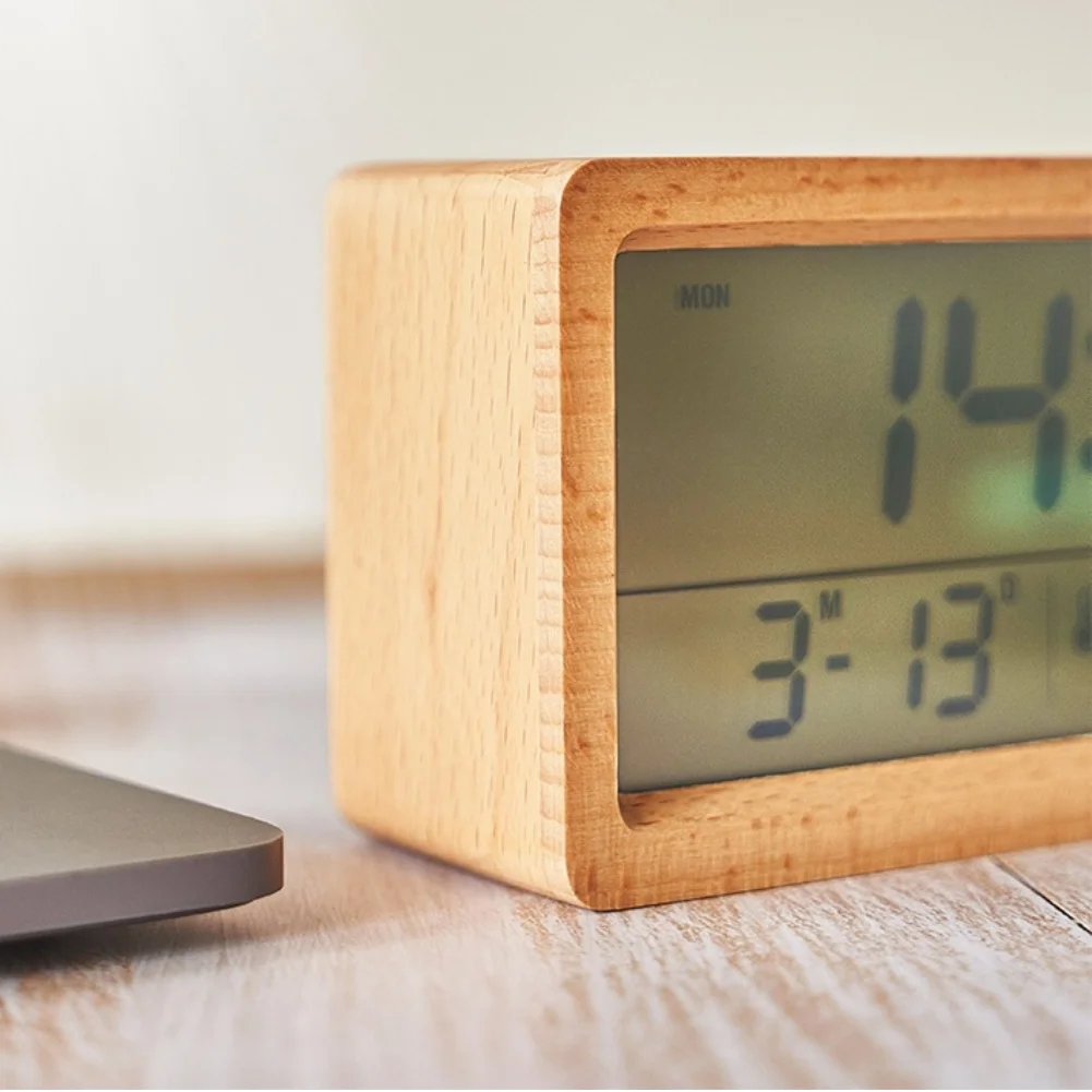 Wooden Digital Alarm Clock With Temperature Humidity Display Glow In Dark LED Desk Table For Bedroom Home Decor