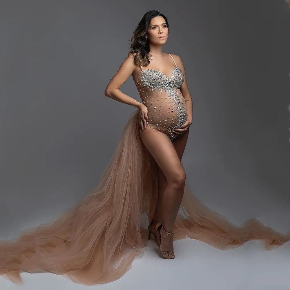 Body de sesión de fotos de maternidad de malla elástica con cristales brillantes, Body de fotografía de embarazo de diamantes de imitación, ajustado