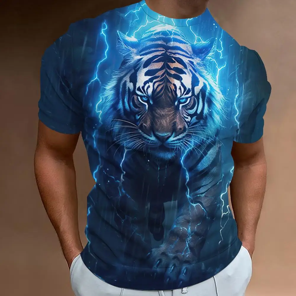 Fierce Tiger Print Men\'s T-Shirt 3d Print Short Sleeve T-Shirt For Men Summer Loose Man Clothing Retro Loose Oversized Tees Tops