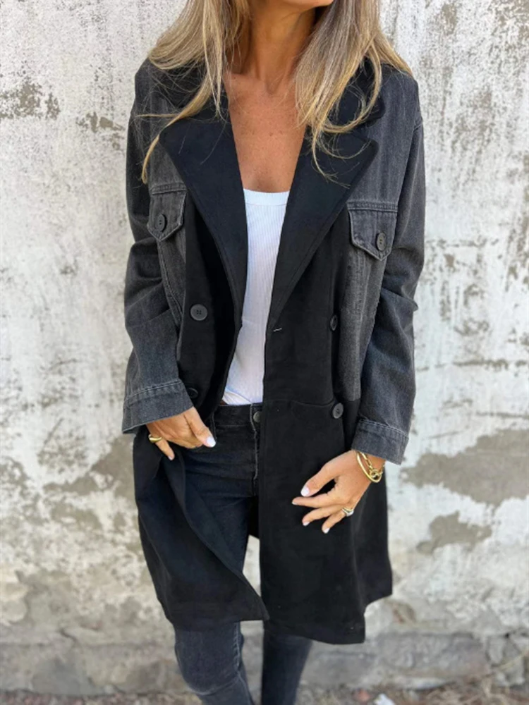 2025 Autumn Fashion New Fashion Suit Collar Cowboy Splicing Design Sense Personalized Medium length Coat for Women