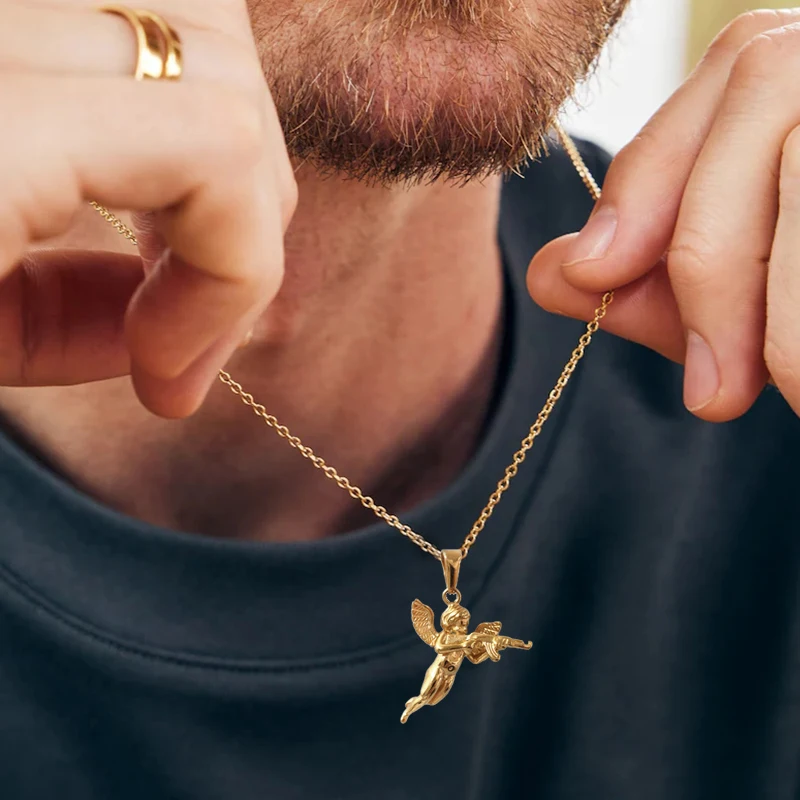 3D Angel Gun Pendant Necklace, 18K Gold Plated