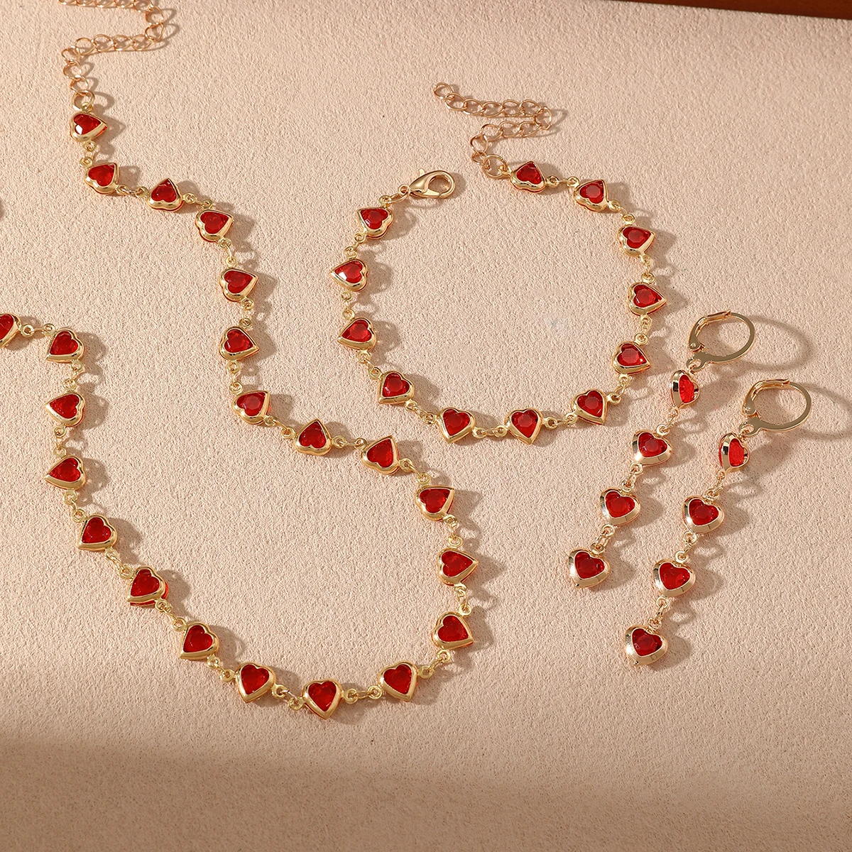 Fashionable Minimalist Red Heart Three-Piece Jewelry Set Necklace Bracelet Earrings for Daily Wedding Banquet   Festival Gift