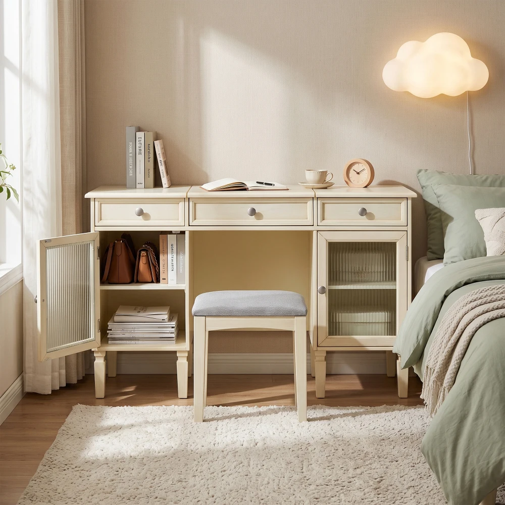 2-in-1 Farmhouse Makeup Vanity Desk with Flip-Top Mirror & Stool, White Oak Dressing Table Set with Reeded Glass Cabinets & Drawers, Multi Purpose Writing Desk for Bedroom Dressing Room