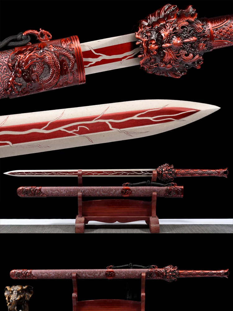 Miecz chiński Tang, 113 cm, ostrze ze stali wysokomanganowej, ręcznie robiony, pełnowymiarowy, ostry, metalowa rękojeść, KungFu, miecz bojowy Smok, Katana. — 2