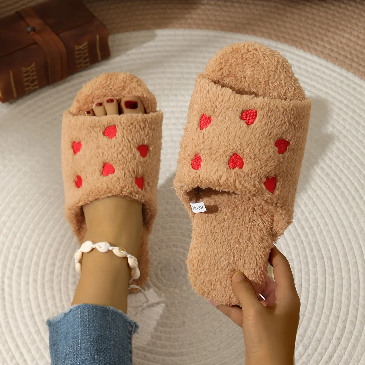 Women's Autumn Heart-Shaped Slippers Flat Open Toe Soft Sole Furry Cotton Slippers Woman Comfort Light Living Room Silent Slides