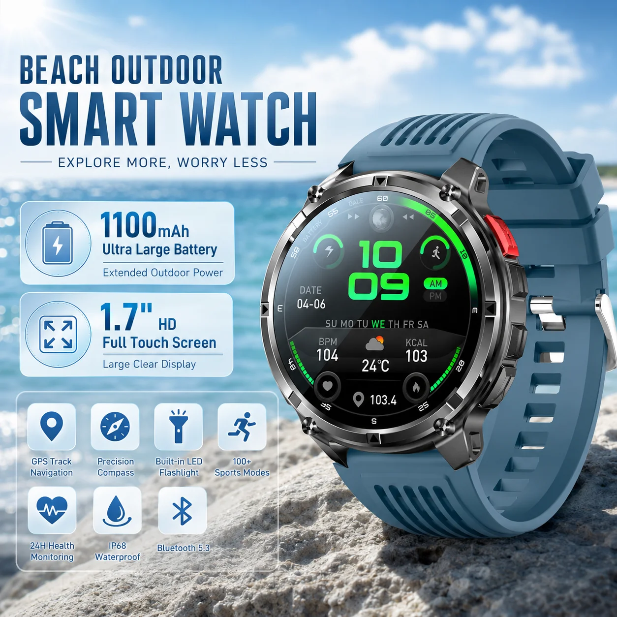 Bluetooth Calling Smart Watch 1100mAh Large Battery Compass Heart Rate Monitoring Blood Oxygen IP68 Waterproof Smart Watch