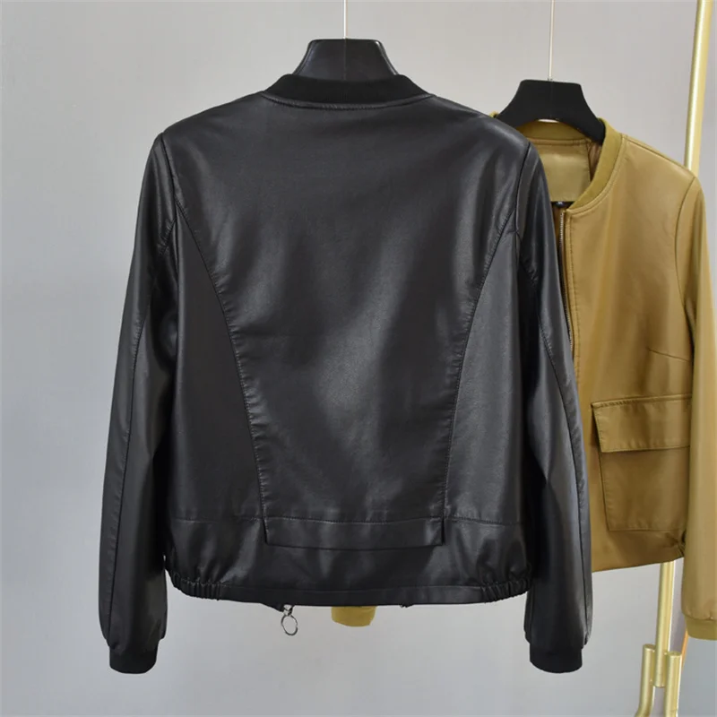 Spring Autumn Women Round Collar Big Pocket Short Faux PU Leather Jacket Yellow Black Casual Motorcycle Bomber Jacket Streetwear