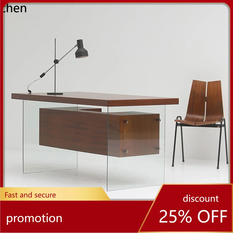 

HXL desk glass legs retro walnut color desk minimalist modern minimalist