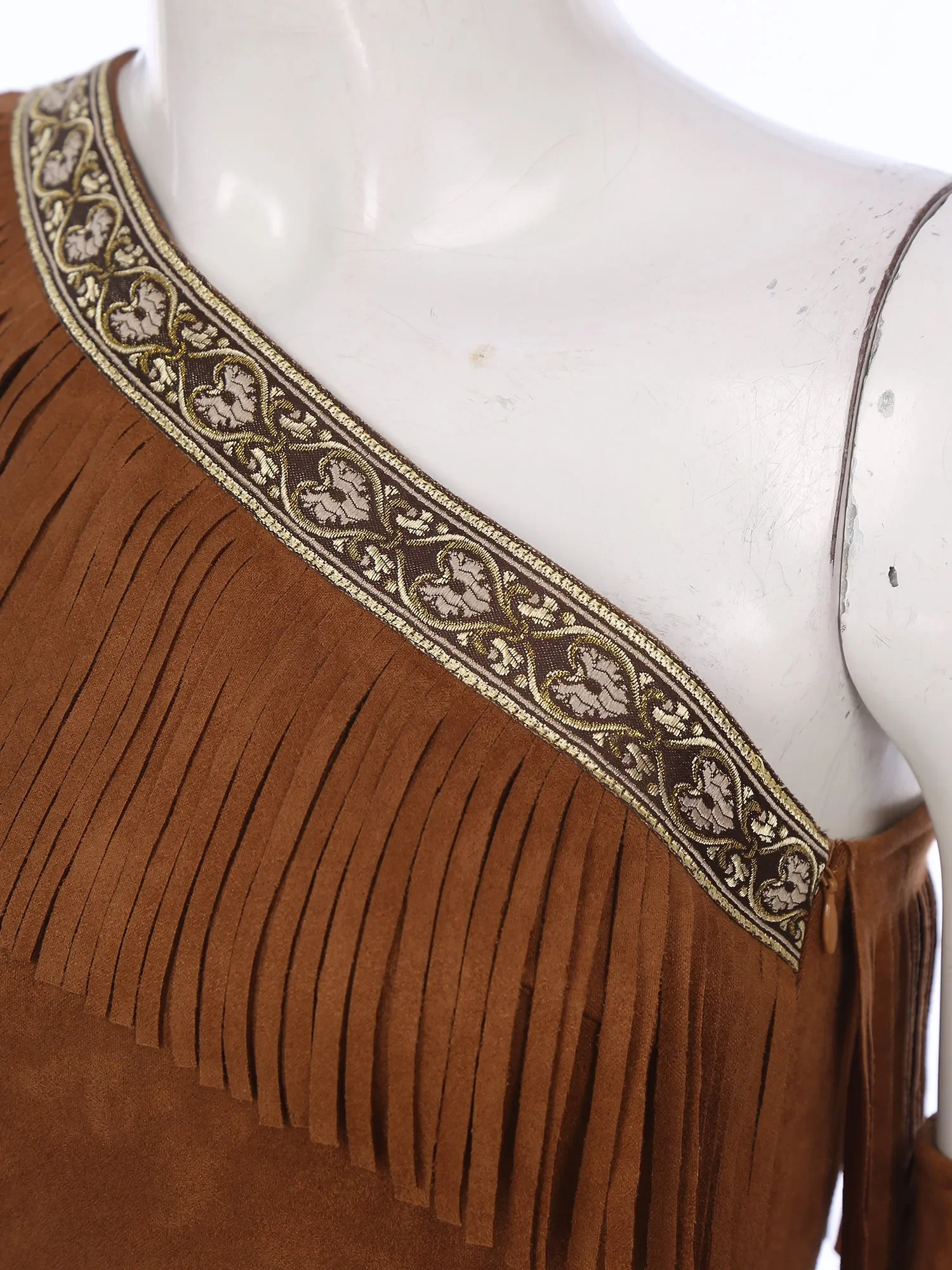 Costumes indigènes indiens pour femmes, tenue de Cosplay d'halloween sauvage, tenue de chasseur, asymétrique épaule dénudée, sans manches, à franges