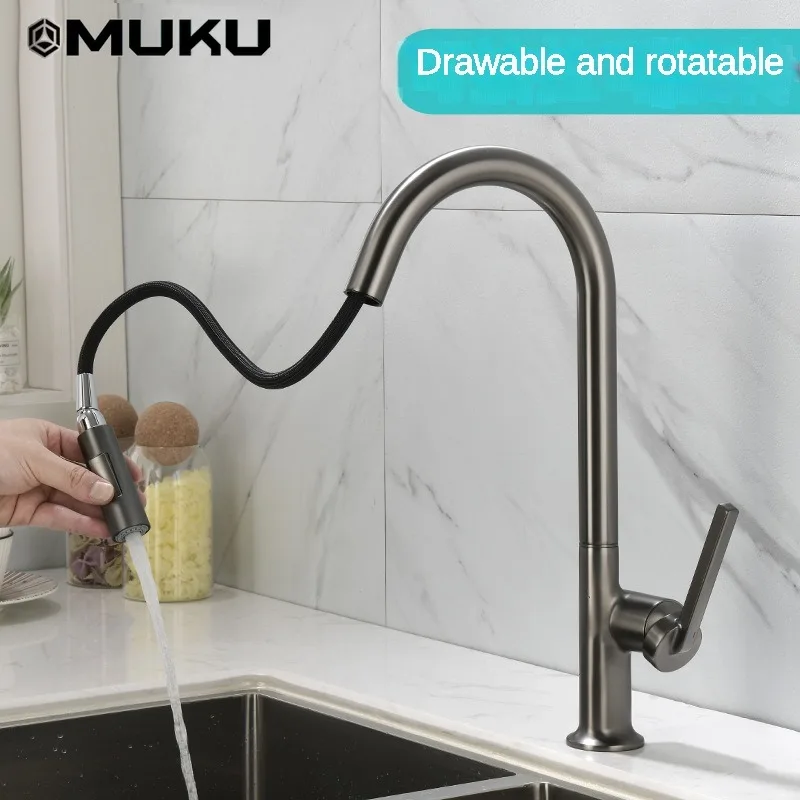 

Muku Kitchen Pull-out Faucet White Rotating Hot and Cold Water Mixer Washing Basin Faucet Brushed Gold Copper Household Sink Tap