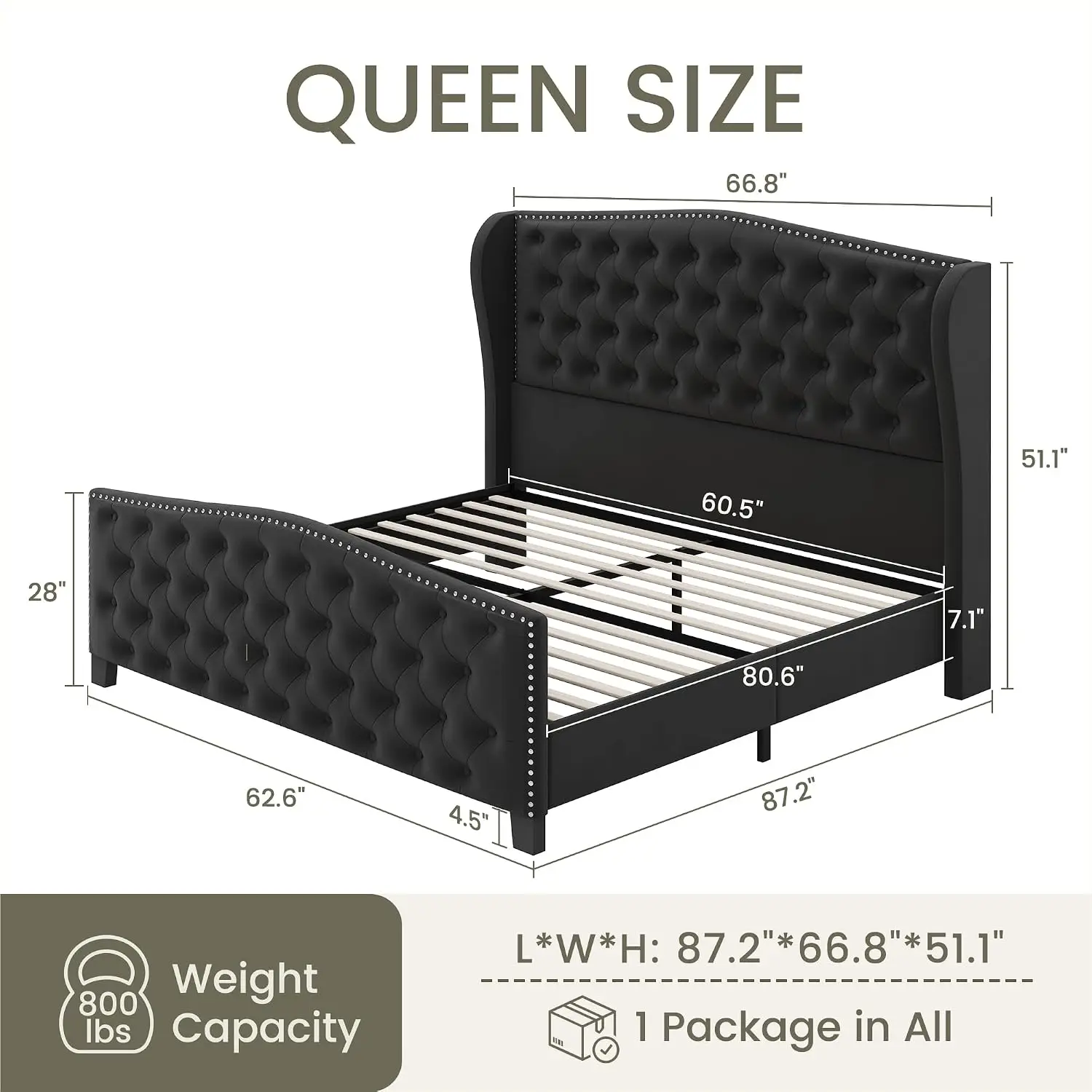 Velvet Queen Platform Bed Wingback Headboard Tufted Wood Slats No Box Spring, Customized