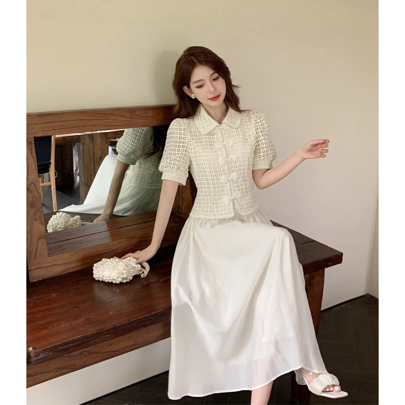 Chines Vintage Small Fragrant Two Piece Set Women Lace Puff Sleeve Chic Buttons Shirt + Long Skirt Suits Elegant Fashion 2 Piece