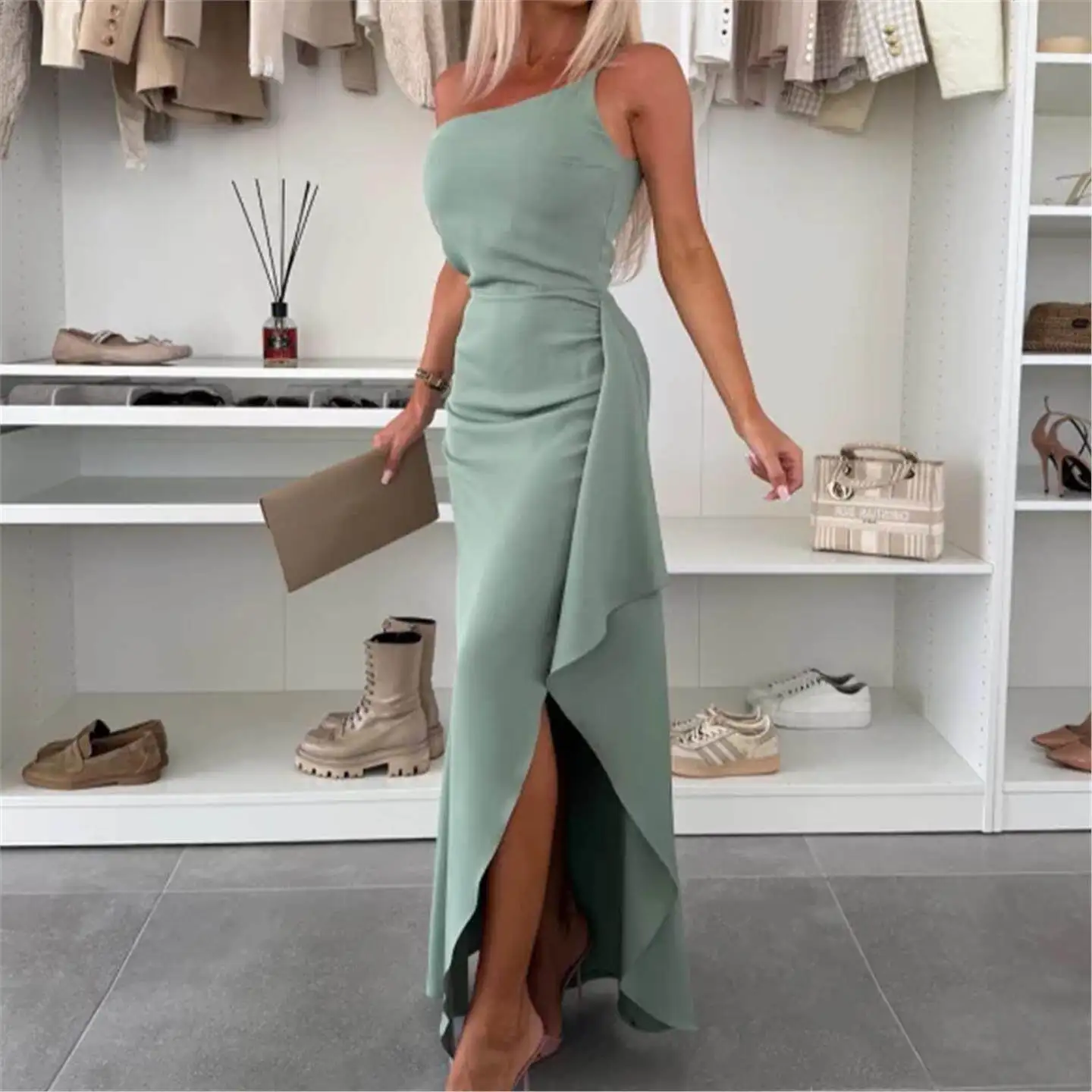

Summer 2025 Sexy Elegant High Waist Single Shoulder Slit Women's Dress Cross-Border Fashion A-Line Skirt without Sleeve