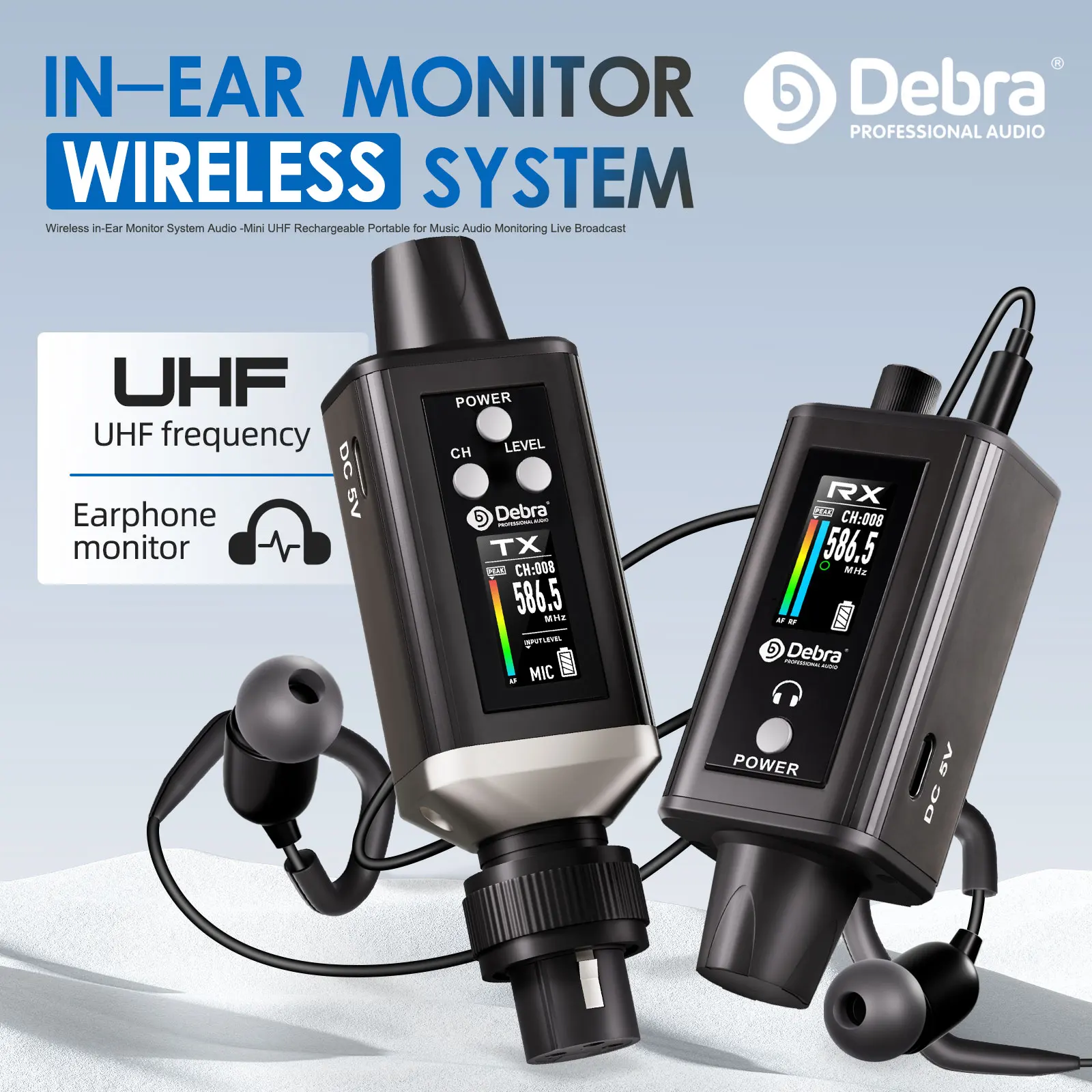 Debra EMX-1 Audio UHF Stereo IEM Drahtloses Monitoring-System, tragbar, wiederaufladbar, mit 16 einstellbaren Frequenzen auf dem Bildschirm – Detail 1