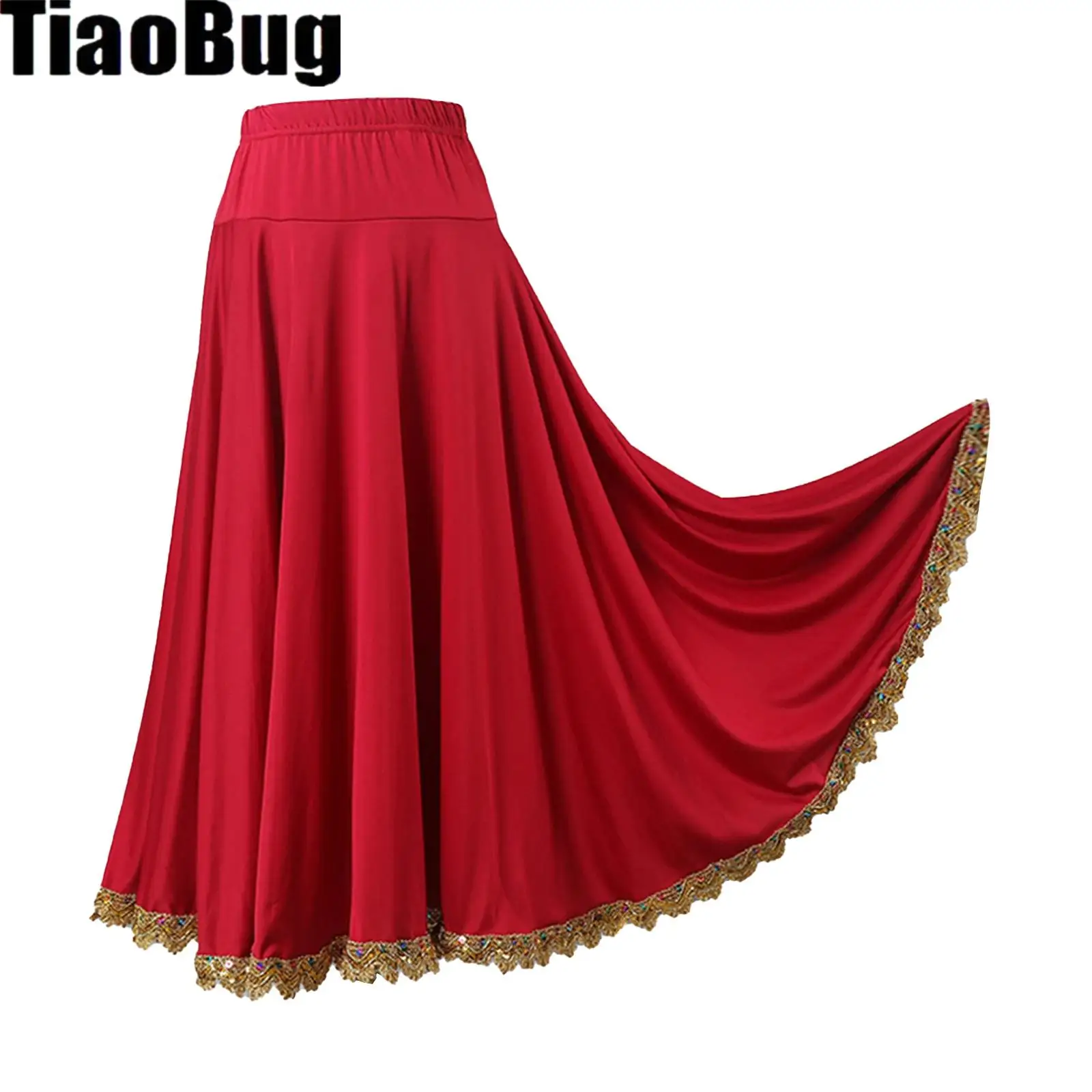 Jupe de danse de salon pour femmes, jupe de danse de valse Flamenco, garniture dorée, grande balançoire, jupe longue espagnole pour Costumes de danse ethnique carrée