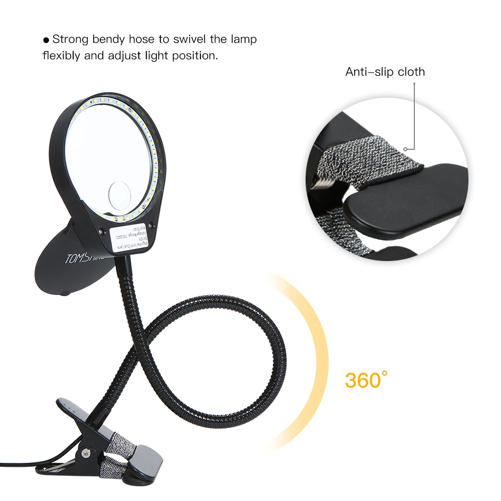 LED 3X/10X Magnifier Glass with Clamp Clip Table Light Desk Lamp Magnifying Lens Design Illuminated Dimmable Brightness