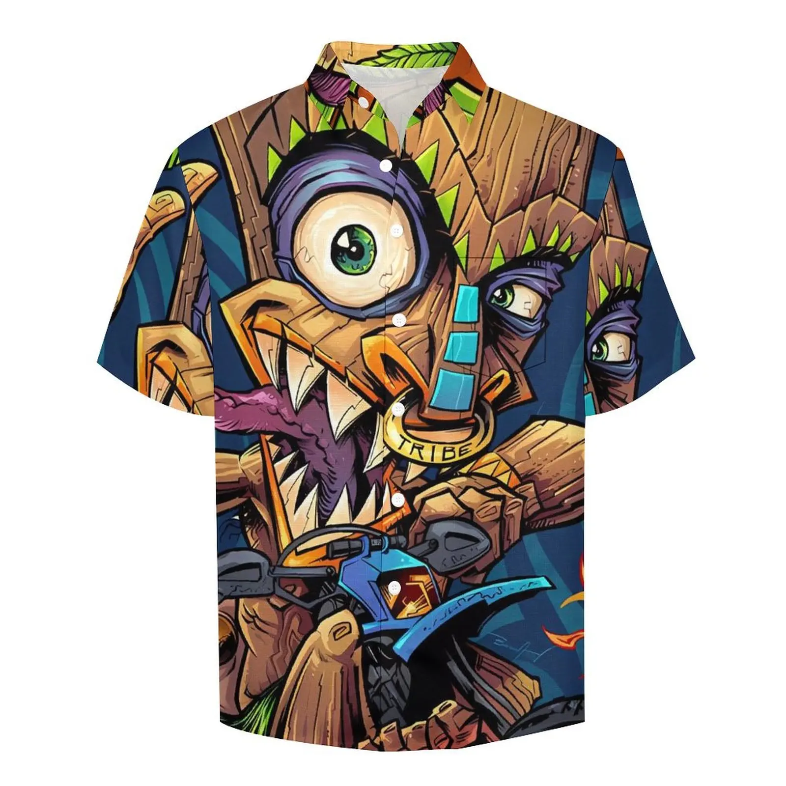 Tropical Tiki Mask Vacation Shirt Tiki Man Motocross Rider Hawaiian Casual Shirts Men Streetwear Blouses Short-Sleeved Clothing