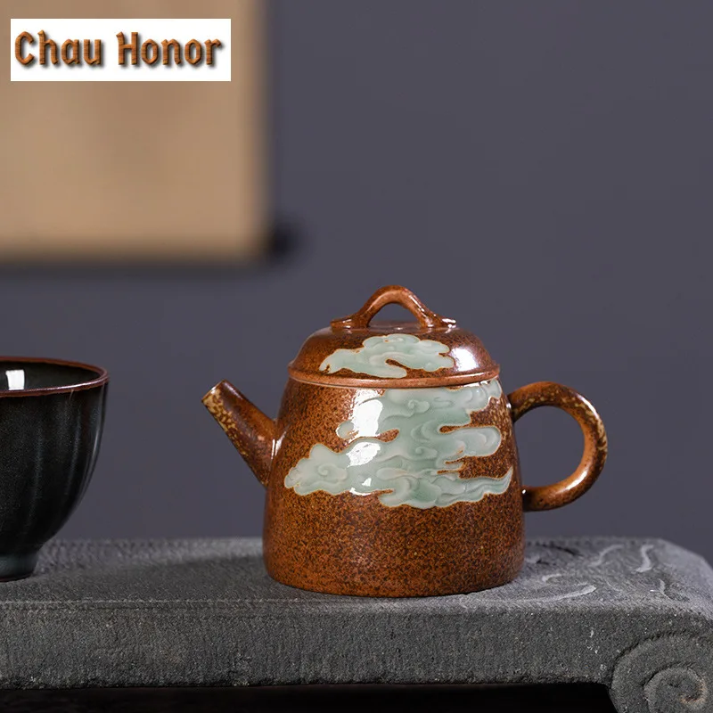 

120ml Handmade Wood-fired Celadon Teapot Retro Tea Infuser Qin Quan Pot Tea Brewing Kettle With Strainer Chinese Tea Set Craft