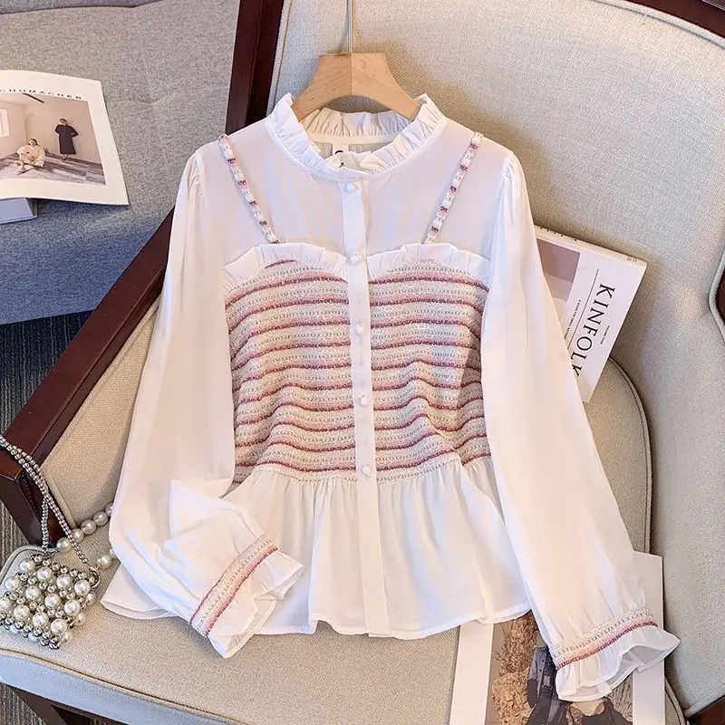 Spliced Chiffon Long Sleeved Shirt Fake Two Women's Tops Shirts & Blouses Plus Size Women Clothing Suspender Top White Blouse