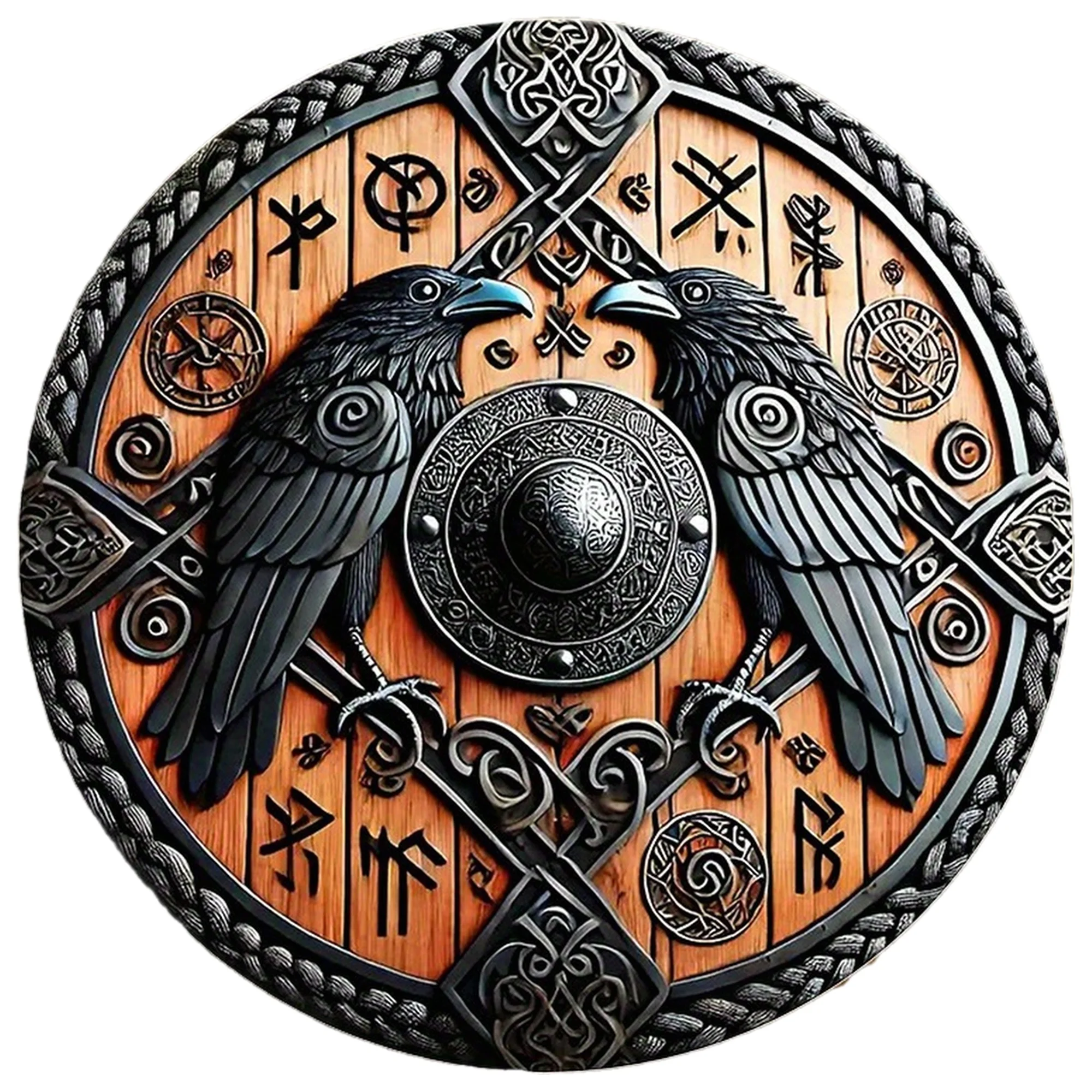 2D flat 1pc Viking War shield wall art - circular wooden sign, black crow and Celtic knot, retro decoration, for home