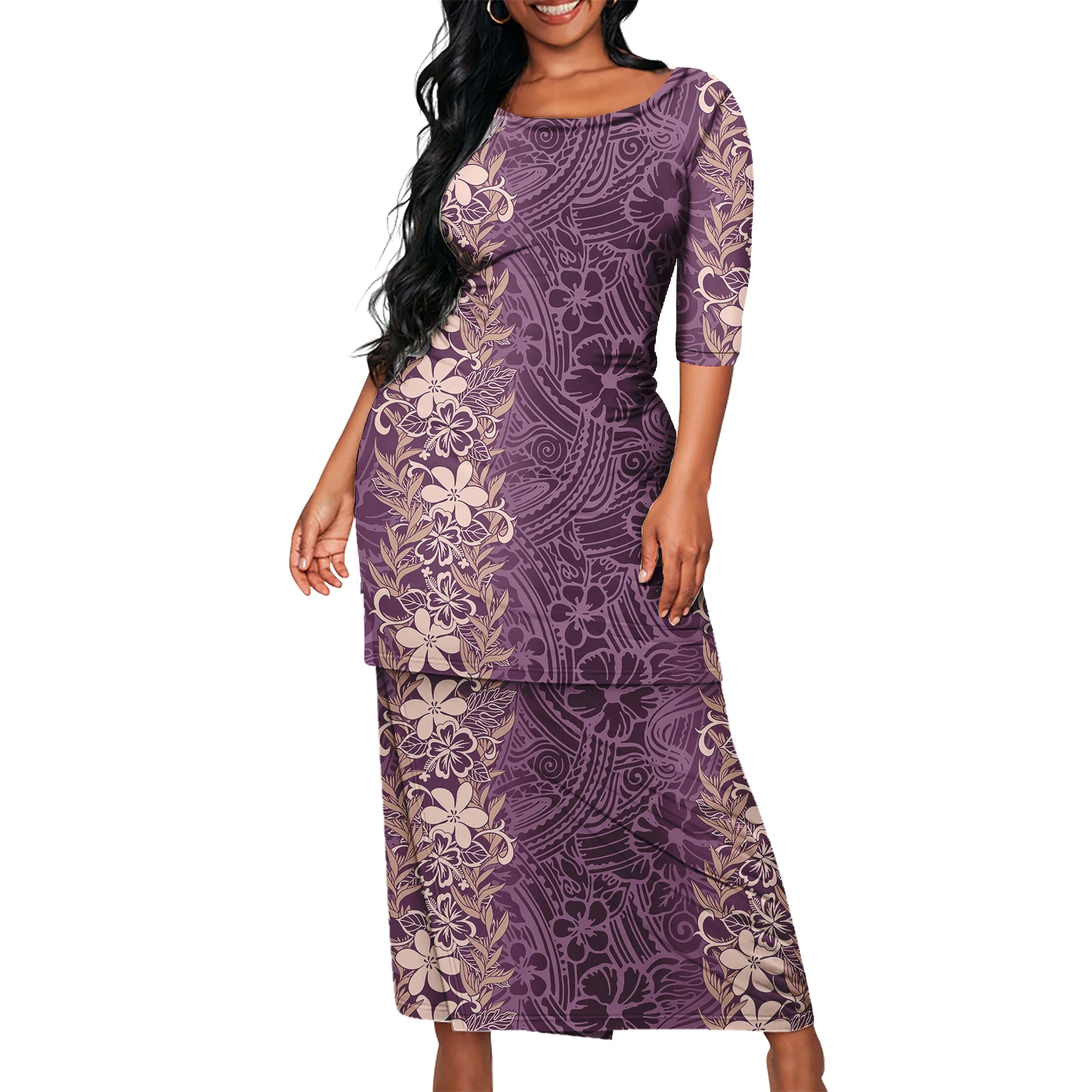 Plus Size Puletasi for Women Print on Demand Polynesian Style Short Sleeve Dress Island Two Piece Set Skirt Female Dress