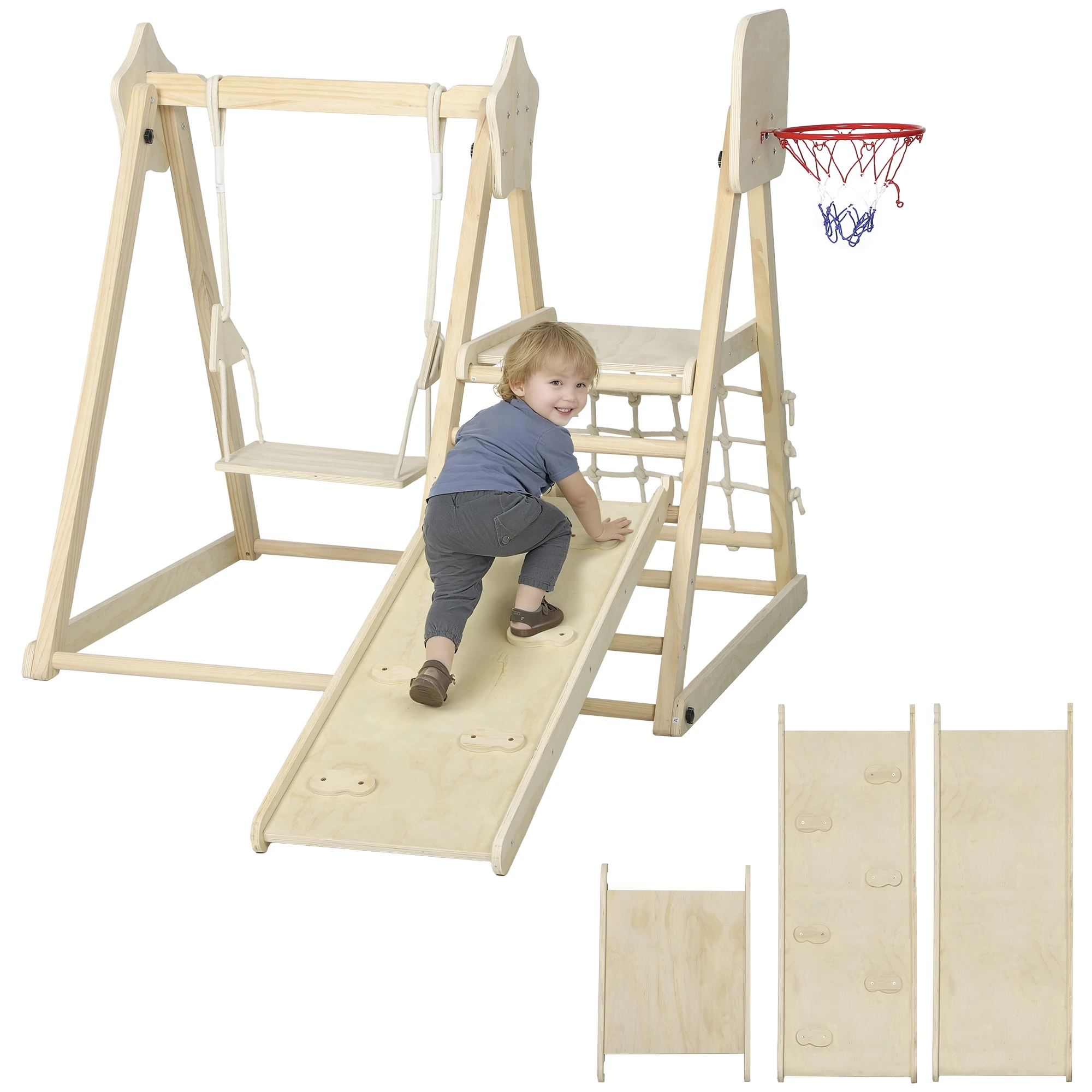Aiyaplay Kinderglijbaan 5-in-1 Klimstructuur met Glijbaan, Schommel, Basketbalring en Natuurlijk Klimnet