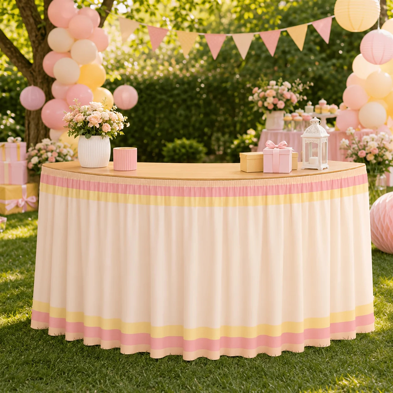 One pink and yellow striped tablecloth, suitable for weddings, baby showers, and birthday celebrations.