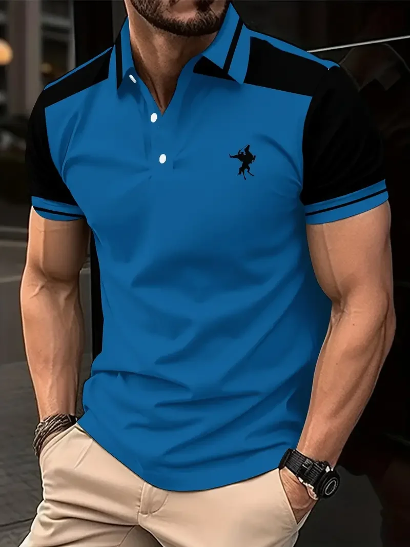 

Men's color blocked short sleeved lapel golf shirt with casual style slight elasticity regular summer loose fit golf Men shirt