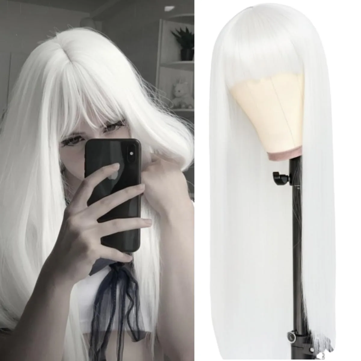White straight hair synthetic wig for Halloween cosplay wig, character play everyday wig, high-temperature hair band wig set