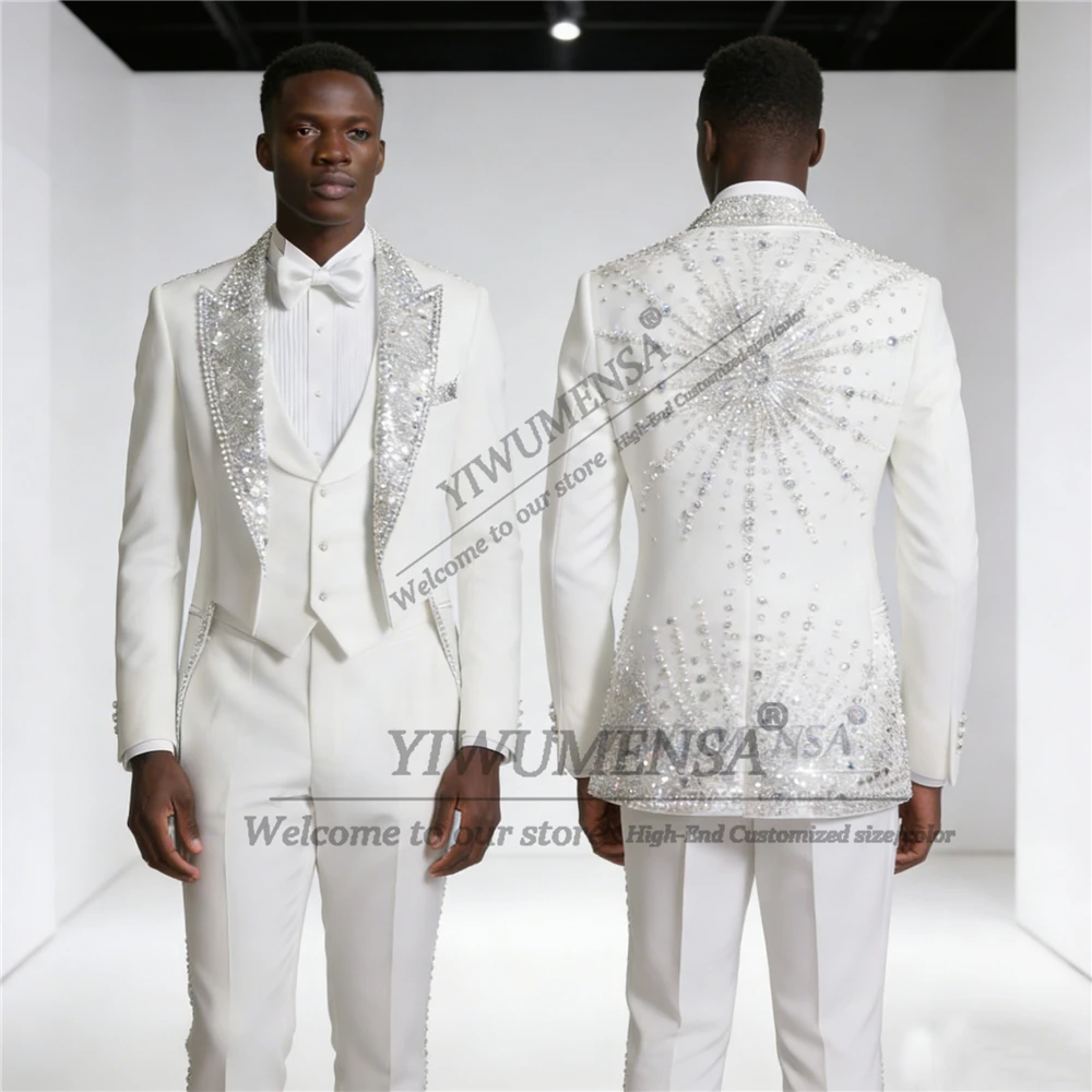 Luxury Beaded Crystals Men Suits Peaked Lapel Groom Wedding Tuxedos 3 Piece Male Prom Blazers Slim Fit Terno Masculinos Completo