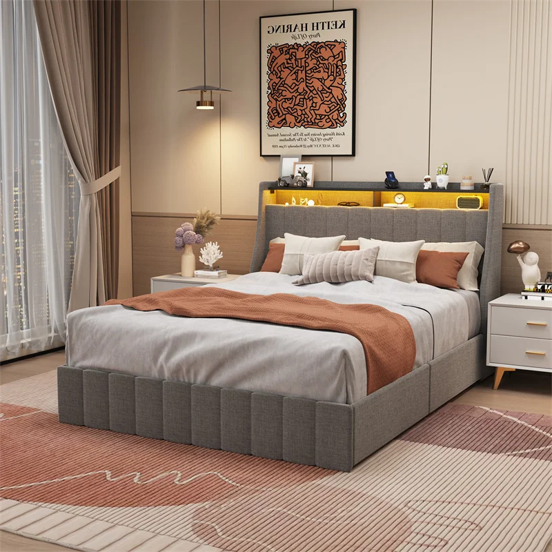 

Light Grey Queen Size Bed Frame With Modern Wings Headboard Design LED & 4 Portable Storage Drawers For Bedroom