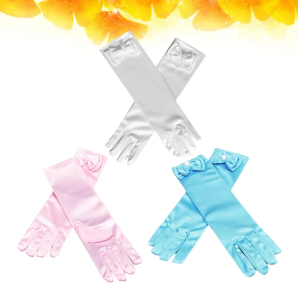 

1Set Long Party Gloves Girls Satin Dress Up Gloves Wedding Bowknot Cuff 3 Colors White Pink Light Performance
