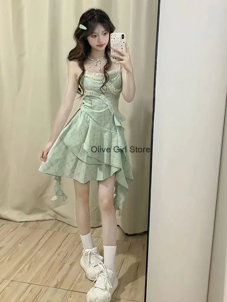 Korean Style Dress Hotsweet Girl Green Mint Suspender Dress 2024 Summer  Irregular Design Slim Short Y2k Dress Women Clothing - AliExpress 200000345