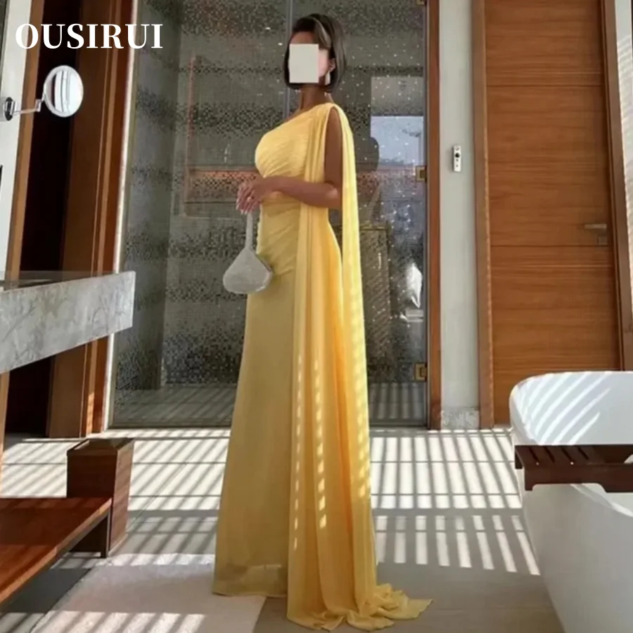 OUSIRUI gaun pesta Specail wanita, Gaun malam Formal panjang lantai, gaun Prom sifon kuning Satu bahu