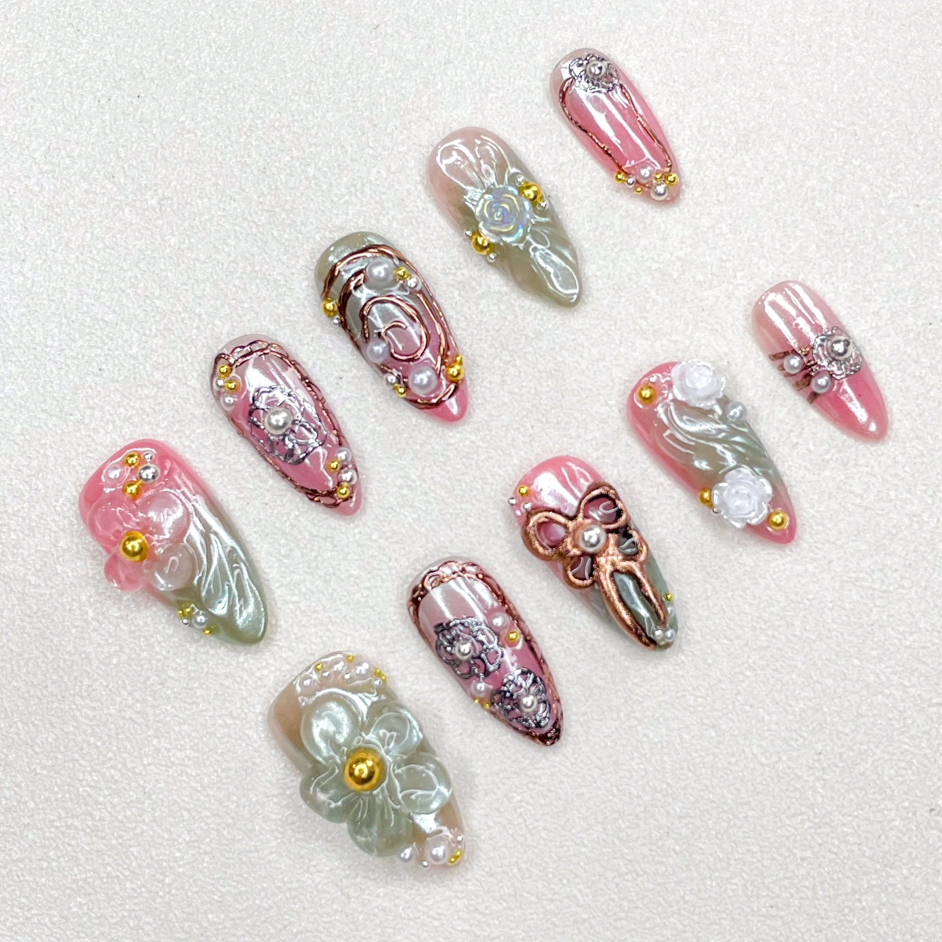 New Handmade Embossed Series Nail Art Press on Nails Carved Hand Painted Fake Nails Almond Bow Style Mandarin Duck Series