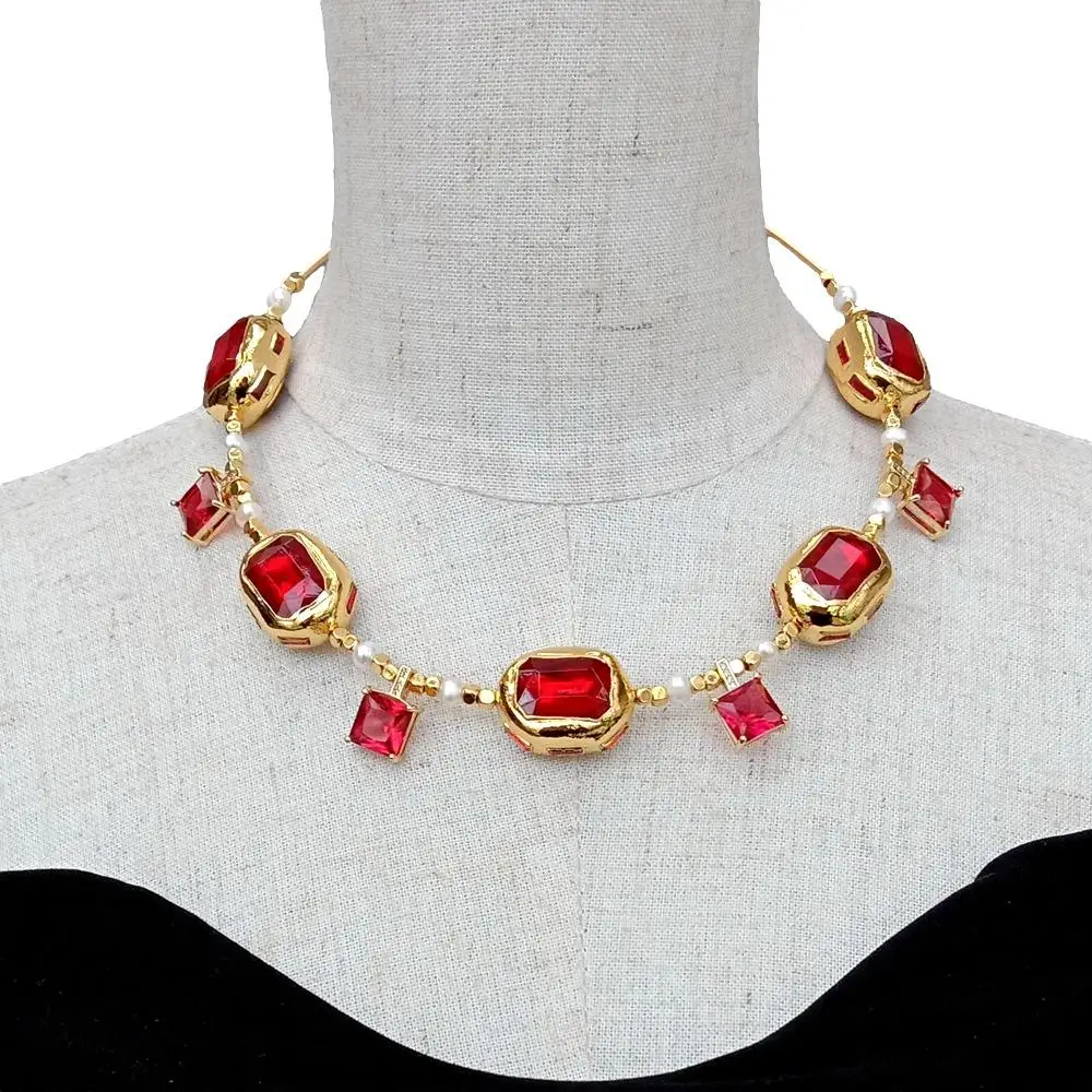 

Y·YING Red Glass Cultured White Pearl Choker Necklace Red Crystal Charms Necklaces Women Jewelry