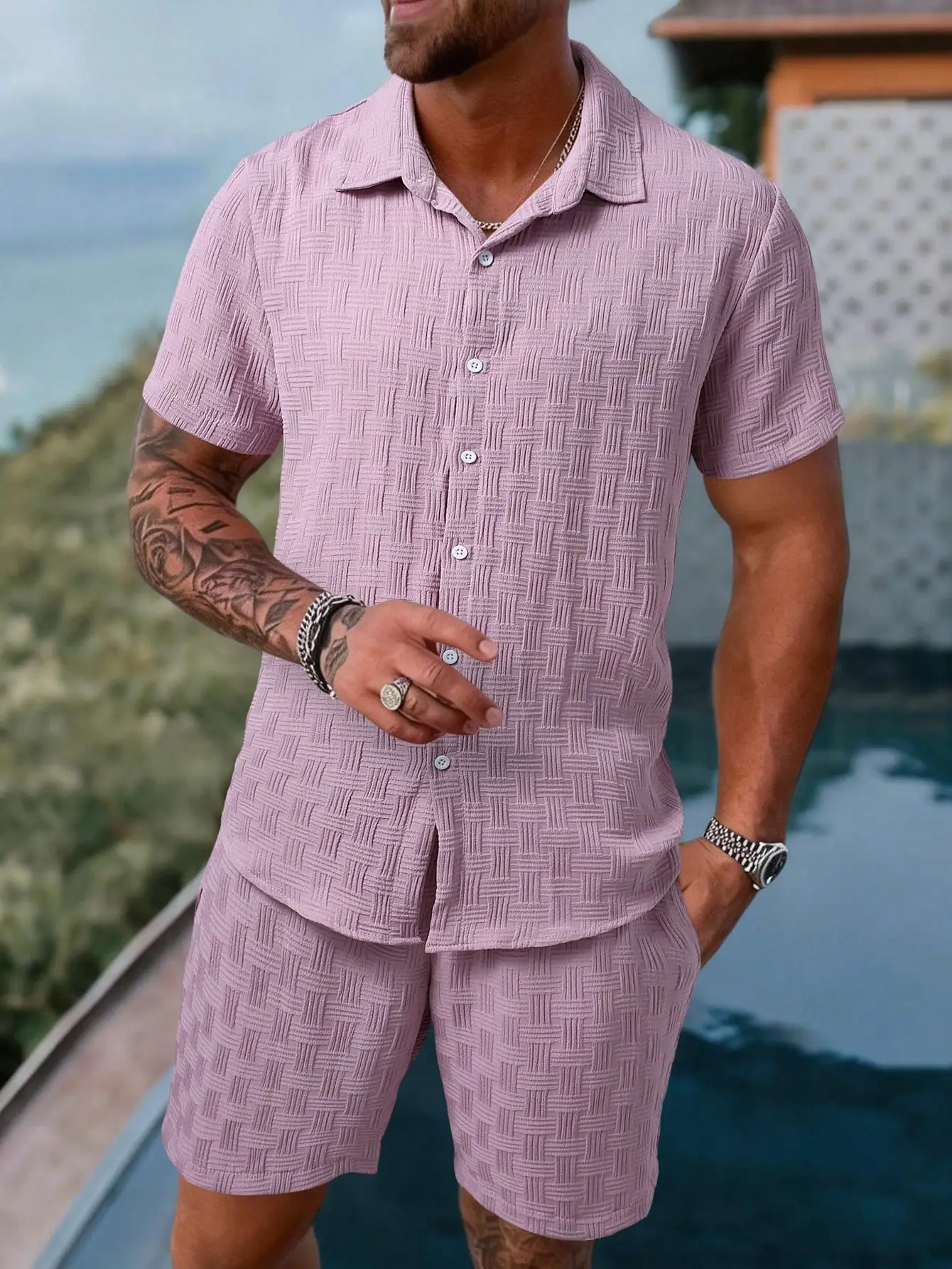 

Mens Textured Woven Short Sleeve Shirt And Matching Shorts 2 Piece Set