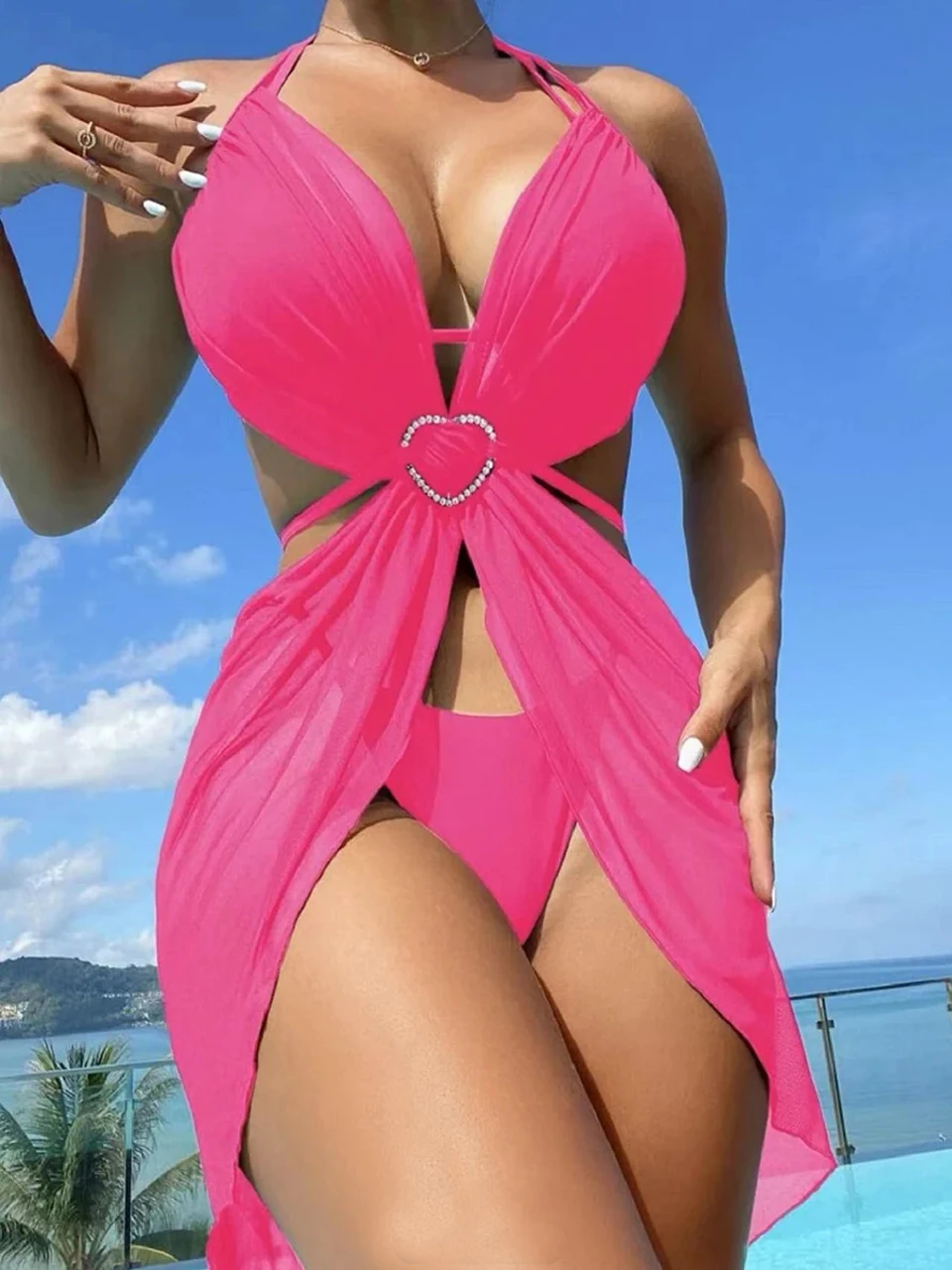 3 Piece Lace Up Triangle Bikini 2024 Women Hollow Out Swimsuit Solid Swimwear Female Bathing Swimming Suit Lady Beachwear Summer