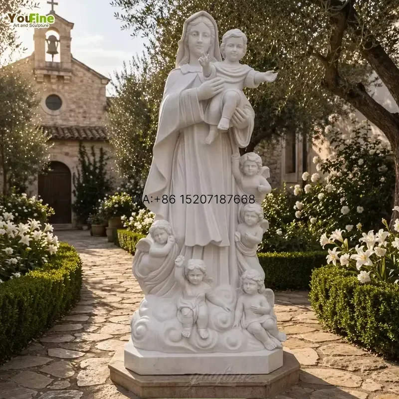 Wmwmnu for YouFine Hand Carved White Marble Virgin Mary Christian Religious Statue with Jesus Cherubs Garden Sculpture for